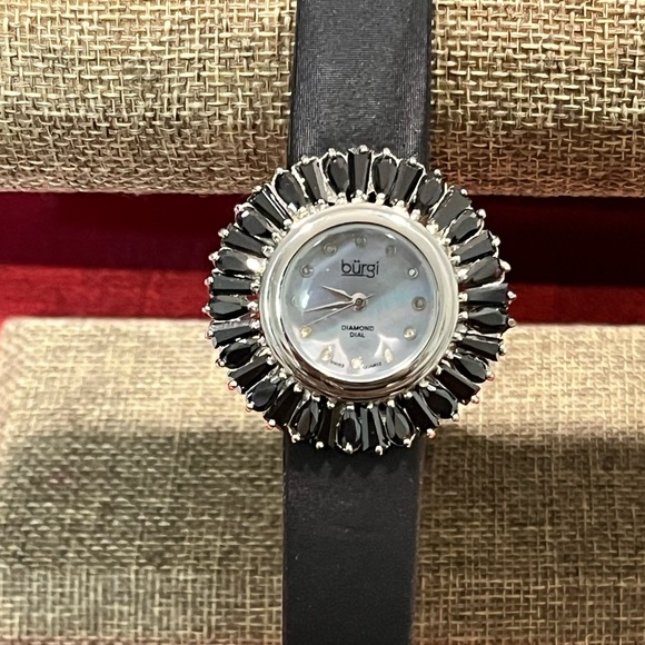 BURGI PRE-LOVED AUTHENTIC DIAMONDS DIAL, M.O.P & BLACK BAGUETTE CRYSTALS WATCH - Picture 1 of 17
